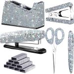 6 Pack Bling Office Stationery Set Desk Accessory Office Set Includes Pen Scissor Stapler Staple Remover 1000 Pcs Staples Tape Dispenser with Diamond Inlay for Office Home Desk Supplies (Silver)